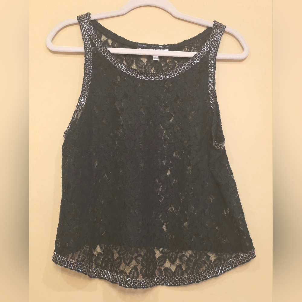 Jennifer Lopez Black Lace & Beaded Sleeveless Top Size L